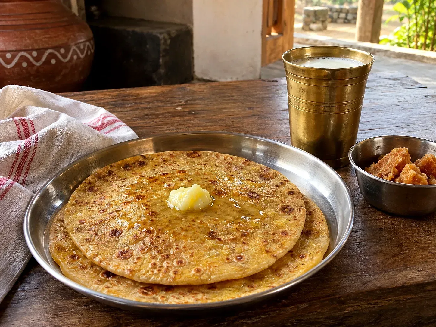 Fresh puran poli on a steel thali with ghee melting on top
