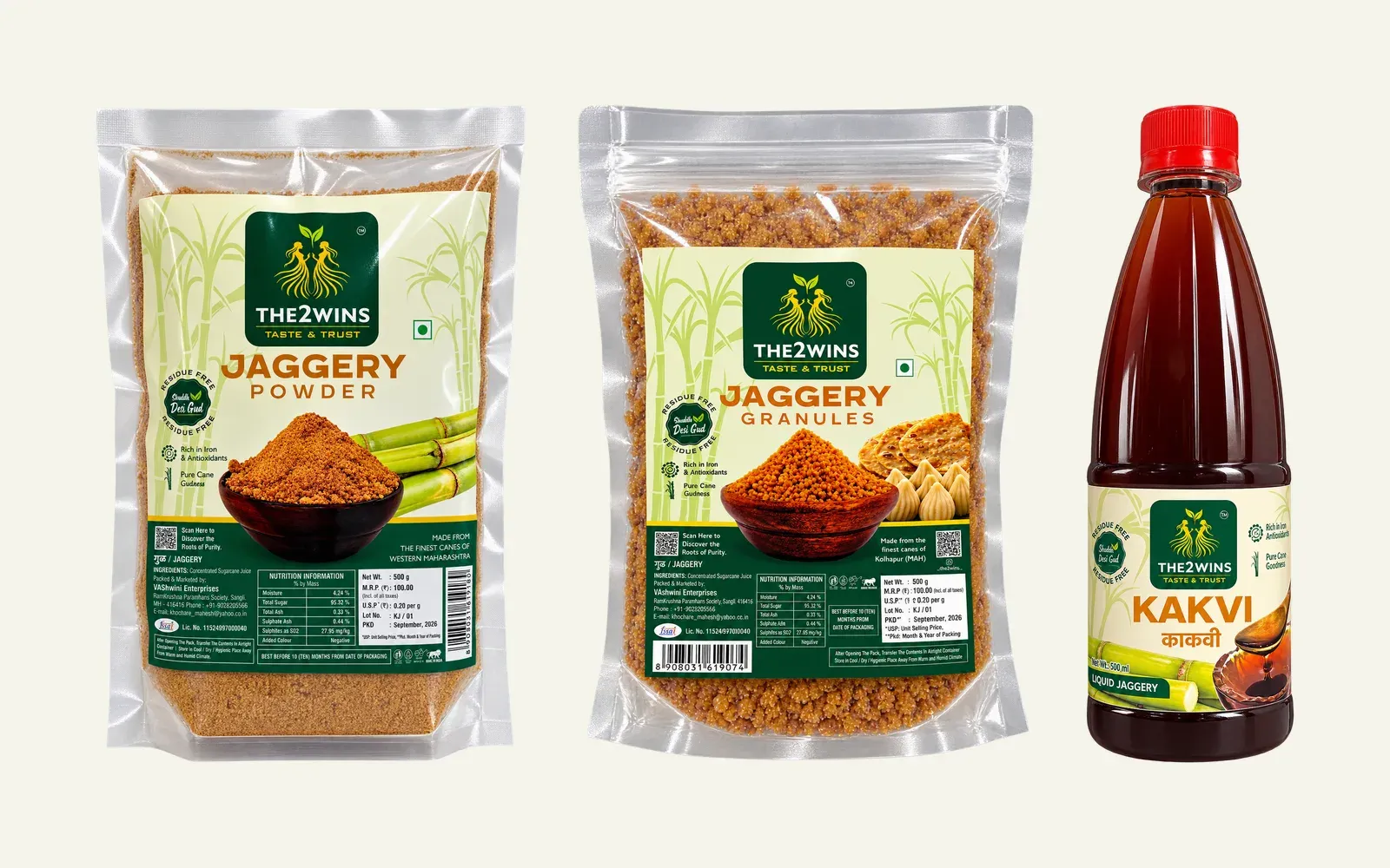 The THE2WINS jaggery range side by side: a Jaggery Powder pouch, a Jaggery Granules pouch and a bottle of Kakvi liquid jaggery