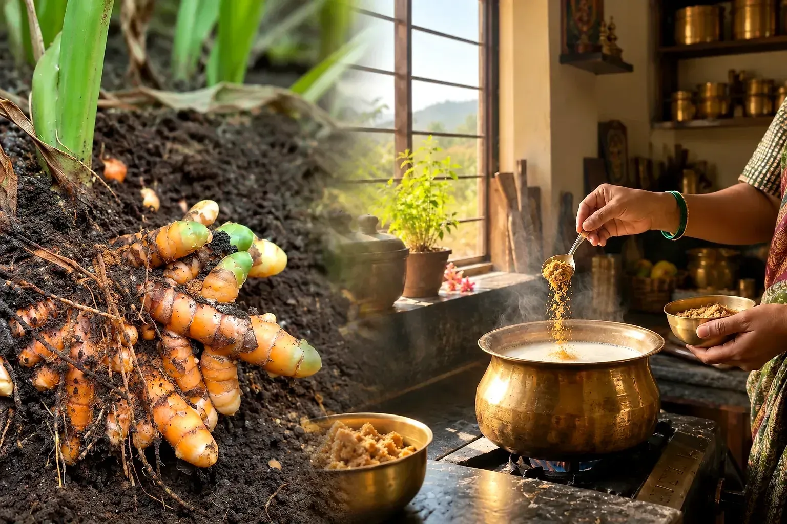 Farm to kitchen in one frame — a turmeric plant lifted from black soil, its orange fingers spread under green stalks, and beside it a hand spooning jaggery into a brass pot of simmering milk by a sunlit kitchen window