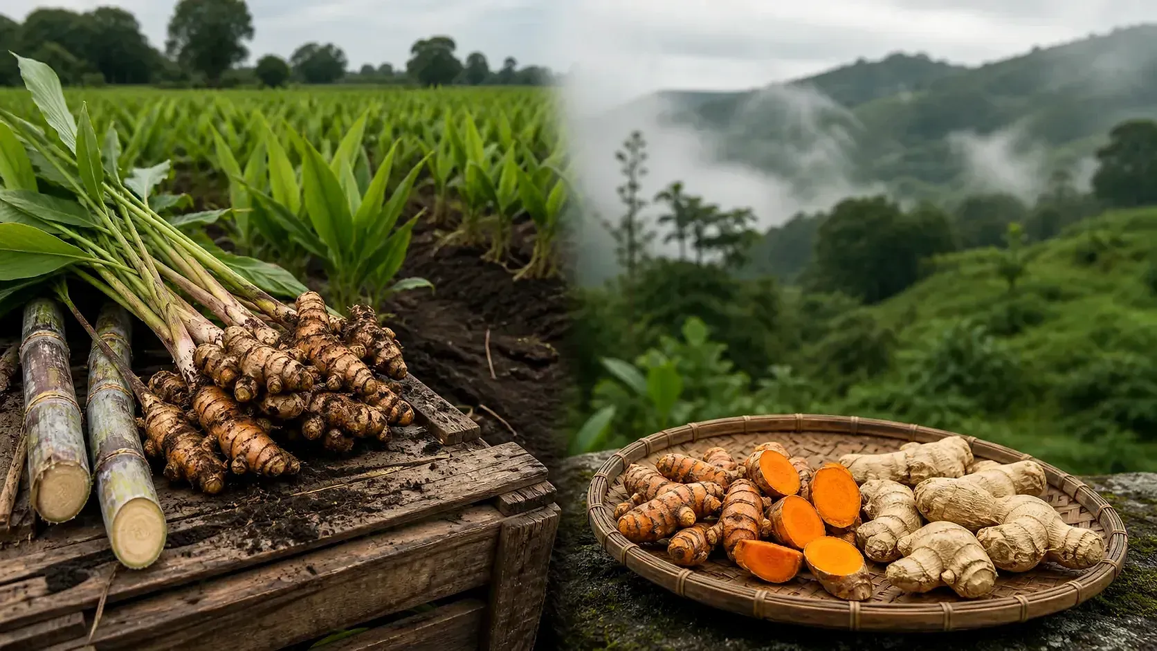 Two origins in one frame — freshly lifted turmeric and cut sugarcane on a crate beside a Sangli field, and a woven basket of cut Lakadong turmeric and ginger before the misty Jaintia Hills